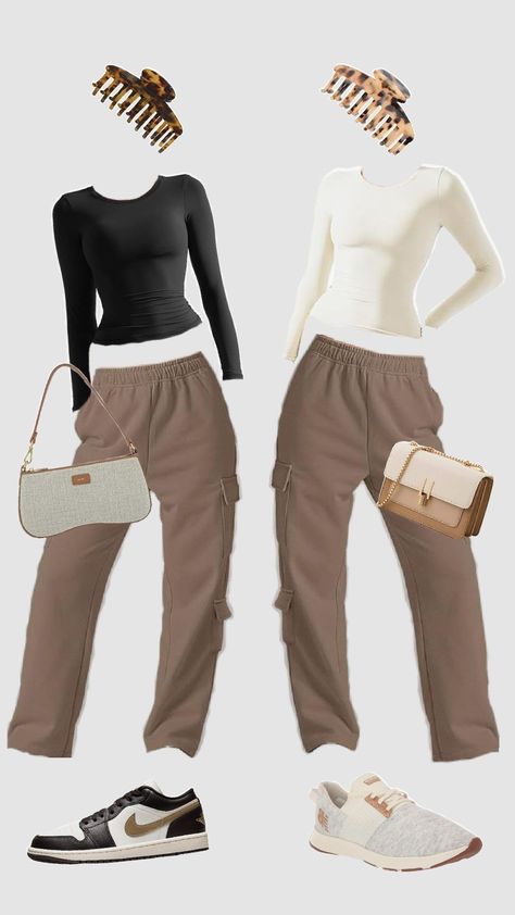 Vanilla Girl Outfits, Brown Cargo Pants Outfit, Cargo Pants High Waisted, Clean Girl Outfits, Brown Sweatpants, Outfits Comfy, Brown Cargo Pants, Easy Outfits, Fitted Long Sleeve