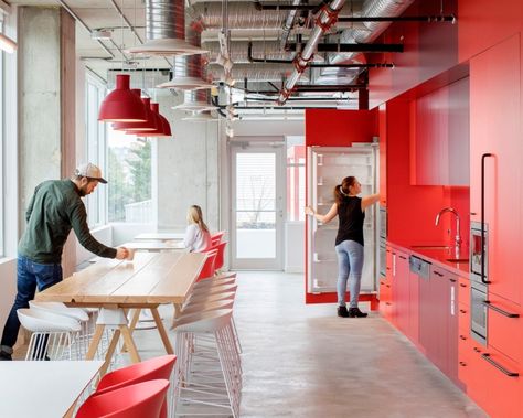 Cafeteria Design, Red Office, Corporate Office Decor, Media Production, Corporate Interiors, International Design, Office Snapshots, Workplace Design, Workspace Design