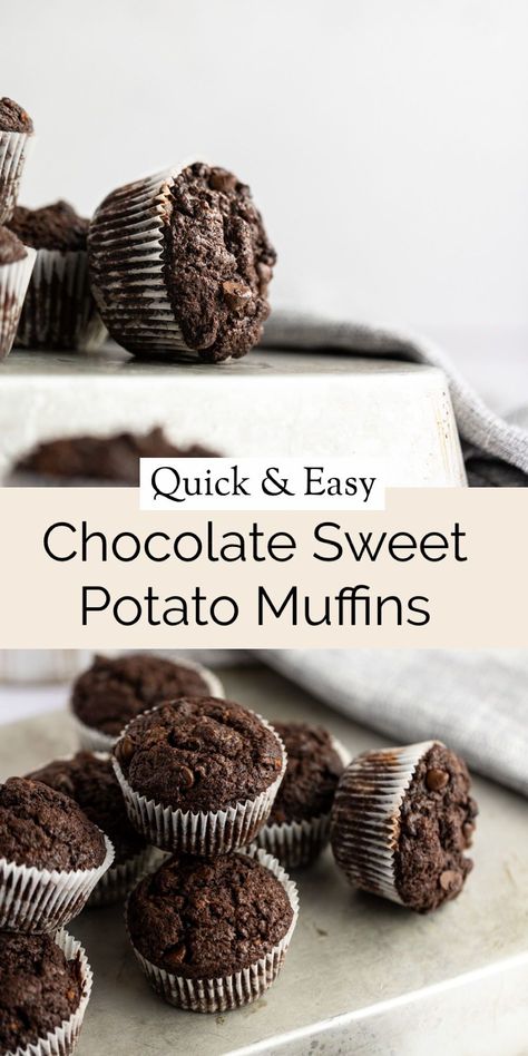 These rich chocolate sweet potato muffins may be healthier than other chocolate muffins, but they definitely don’t taste like it. Delicious double chocolate muffins with both cocoa powder and chocolate chips. Plus mashed sweet potato which adds richness and moisture making these muffins taste almost like a brownie cake. Sweet Potatoes Muffins Healthy, Sweet Potato Chocolate Chip Muffins, Sweet Potato Chocolate Muffins, Gf Sweet Potato Muffins, Sweet Potato Almond Flour Muffins, Sweet Potato Peanut Butter Muffins, Sweet Potato Muffin, Chocolate Sweet Potato, Favorite Deserts