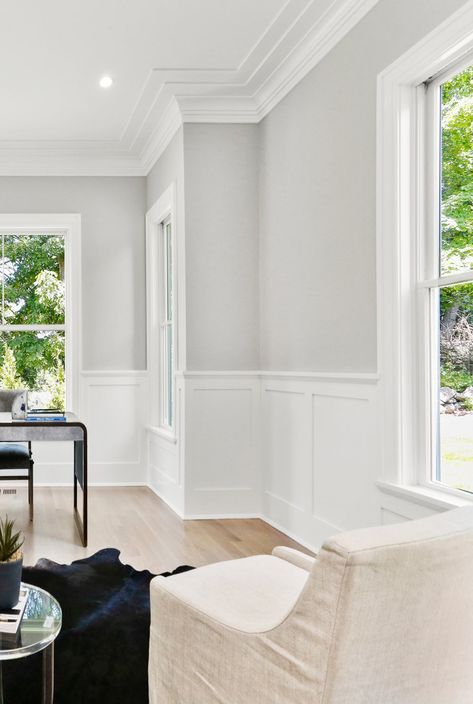 White Paneling Grey Walls, White Wainscoting White Walls, House With Dark Trim, Interior Wall Colours, Grey Walls White Trim, Architectural Digest Bedroom, Grey Paint Living Room, Hamptons House Interior, Panelling Ideas