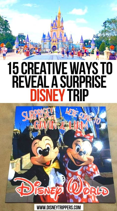 15 Creative Ways To Reveal A Surprise Disney Trip Disney Vacation Announcement, Going To Disney Christmas Present, Disney Trip Announcement Ideas, Disney Vacation Surprise Reveal, Surprise Disney Trip Ideas, What To Put In A Disney Surprise Bag, Surprise Disneyland Trip Reveal Christmas, You’re Going To Disney Surprise, Surprise Kids With Disney Trip Ideas