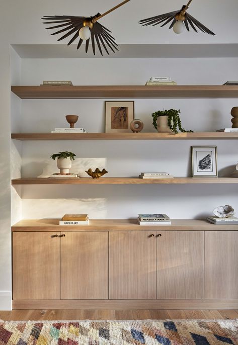 Open Shelving In Office, Home Office Wood Shelves, Home Office Open Shelving, Credenza Built In, New And Old Interior Design, Japandi Built In, Living Room Wall Shelving, Scandinavian Built Ins, Oak Shelves Living Room