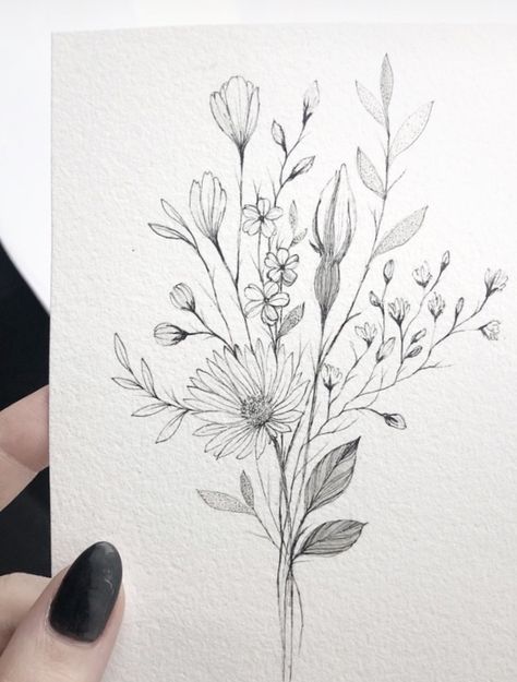 Flower Cluster Tattoo Design, Wildflower Tattoo Designs Sketches, Wildflower Tattoo Stencil, Wildflower And Barley Tattoo, Wild Flower Hip Tattoo, Wildflowers Tattoo Design, Long Floral Tattoo, Wildflower Drawing Tattoo, Wild Flower Tattoo Designs