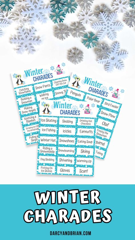 Get your kids moving and guessing with these fun winter charades game cards! With a mix of easy words and more challenging phrases, this printable set includes 54 cards and blank ones for custom prompts. Perfect for indoor fun with kids of all ages. Play today and let the acting begin! Winter After School Activities, Winter Wonderland Games For Kids, Winter Charades For Kids, Winter Games For Kids Indoor, Christmas Charades For Kids, Winter Themed Games, Indoor Winter Games, Kids Charades, Outdoor Winter Activities For Kids