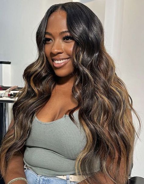 Highlight Ombre Hair, Ombre Hair For Black Women, Balayage Weave Black Women, Mocha Brown Highlights On Dark Hair, Black Hair With Highlights Blonde Girl, Balayage Sew In, Light Chocolate Brown Balayage, Highlights Sew In Weave Black Women, Highlighted Sew In Black Women