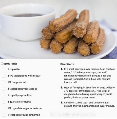 Churros - hubby loves these - will have to give it a try. Homemade Churros, Churros Recipe, Yummy Food Dessert, Easy Snacks, Diy Food Recipes, Diy Food, Dessert Recipes Easy, Cooking And Baking, Sweet Recipes