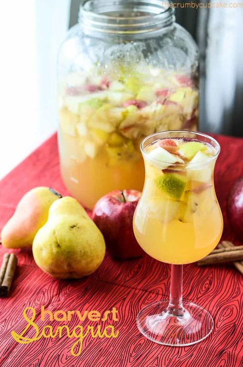 Harvest Sangria | A warm, autumn blend of apple, pear, ginger, and cinnamon, steeped with your favorite white wine! Harvest Sangria, Pear Sangria, Pear Ginger, Thanksgiving Cocktails, Ginger And Cinnamon, Sangria Recipes, Alcohol Drinks, Fall Drinks, Apple Pear