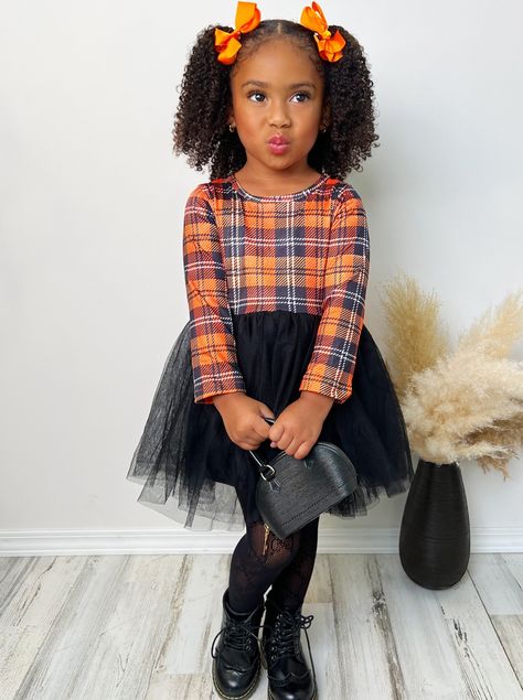 Let's get preppy with this posh plaid tutu dress fit for a princess! She'll be at the top of her class and ahead of the style curve! Sensible for casual and dressy occasions Soft to the touch for all-day comfort Perfect for her fall, school, weekend, pumpkin patch, and year-round wardrobe  Long sleeve tutu dress with plaid bodice and black tulle skirt  Dress available in sizes 2T-10Y for toddlers and girls Plaid Dresses For Kids, Black Girls Hairstyles Little Kids, Kindergarten Back To School Outfit, Preschool Outfits Girl, Black Toddler Girl Outfits, Black Daughter Hairstyles, Kindergarten Outfits, Kids Outfits Daughters, Tulle Skirt Dress