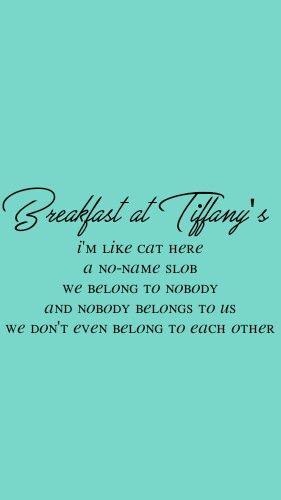 "I'm like cat here, a no name slob. We belong to nobody, and nobody belongs to us. We don't even belong to each other."  - Holly Golightly, Breakfast at Tiffany's Tiffany Quotes, Holly Golightly Quotes, Breakfast At Tiffanys Quotes, Breakfast At Tiffany's Book, Breakfast At Tiffany's Aesthetic, Breakfast At Tiffany's Quotes, Insta Quote, Breakfast At Tiffany's Movie, Breakfast Quotes