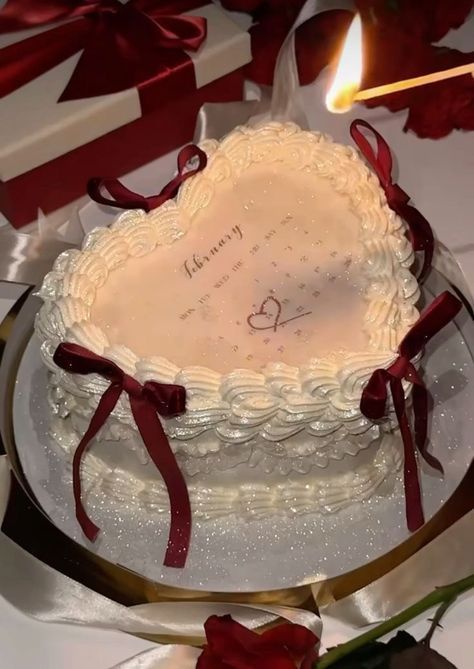 Valentines Coquette Aesthetic, Red Bow Cake, Heart Cake With Bows, Red Aesthetic Cake, Birthday Cake With Bows, Heart Cakes Birthday, Red Cake Aesthetic, Love Anniversary Cake, Anniversary Heart Cake