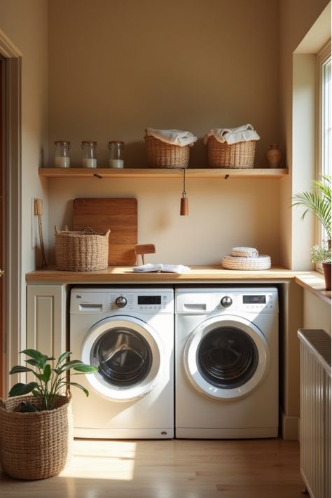 Cozy beige laundry nook with woven baskets and wooden countertop Laundry Room Neutral, Laundry Room Colors, Laundry Nook, Warm Color Palette, Room Neutral, Laundry Space, White Appliances, Warm Colour Palette, Tiny Spaces