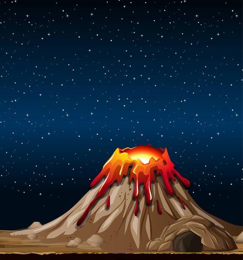 Volcano eruption in nature scene at nigh... | Free Vector #Freepik #freevector #star #nature #cartoon #sky Volcano Cartoon Background, About Volcano, Volcano Drawing, Volcano Project, Volcano Projects, Nature Cartoon, Cartoon Sky, Volcano Eruption, Cartoon Background