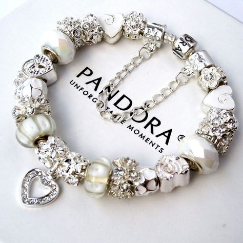 Pandora Bracelet Inspo Silver, Pandora Bracelet White, Coquette Pandora Bracelet, Pandora Charm Bracelet Aesthetic, Luxury Silver Heart Charm Bracelet, Silver Pandora Bracelet, Luxury White Pearl Charm Bracelet, Pandora White, Pandora Bracelet Silver