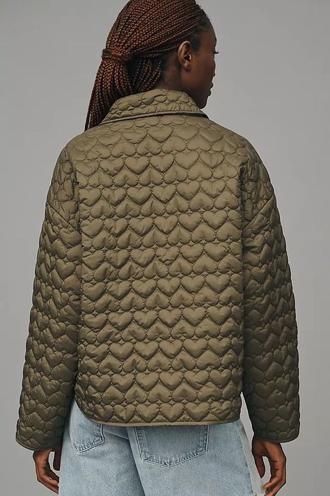 Maeve Heart-Quilted Liner Jacket | Anthropologie Heart Quilt Pattern, Liner Jacket, Minimal Wardrobe, Warrior Queen, Green Quilt, Quilted Puffer Jacket, Quilt Jacket, Heart Quilt, Greek Goddess