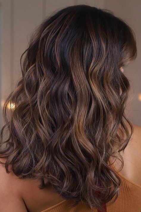 Dark Brown Mid Length Curly Hair, Deep Caramel Highlights, Honey Bayalage Brunette Curly, Highlight For Dark Brown Curly Hair, Brunette Lowlights Curly Hair, Hair Highlights For Dark Hair Curly, Dark Brown Hair Balayage Curly, Highlights On Wavy Brown Hair, Hair Color For Wavy Hair Natural Curls