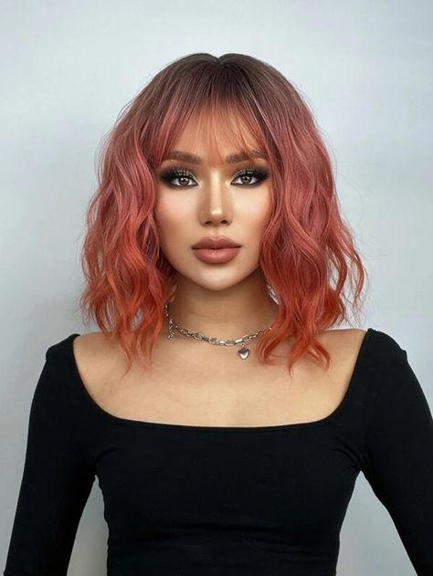 Short Wavy Wigs, Curly Synthetic Wig, Wavy Wigs, Ombre Pink, Long Hai, Front Hair Styles, Ombre Wigs, Short Wavy, Haircut And Color