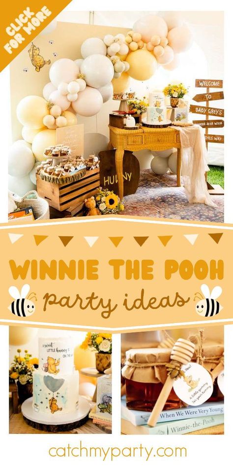 Don't miss this lovely Winnie the Pooh baby shower! The cake is so sweet! See more party ideas and share yours at CatchMyParty.com Winnie The Pooh Decorations, Pooh Decorations, Winnie The Pooh Birthday Party, Pooh Birthday Party, Baby Cam, Winnie The Pooh Cake, Pot Cakes, Pooh Party, Winnie The Pooh Themes