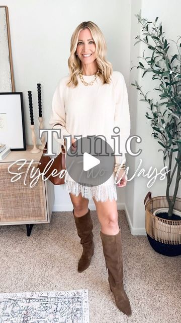 Sara Oberton on Instagram: "Comment TUNIC & Ill send you outfit details on the softest tunic sweater

Style 1: Pair the tunic with a lace slip skirt to add length & texture. This slip skirt would also be cute with an oversized tee & cowboy boots for a country concert

Style 2: Take it casual with leggings, sneakers & a great tote. This would also make a great travel outfit

#fallfashion #fallstyle #falloutfits #fallvibes #fallmomstyle" Oversize Sweater And Skirt Outfit, Lace Skirt And Sweater Outfit, Sweater With Slip Skirt, Suede Knee Boots Outfit, Lace Slip Skirt Outfit, Sweater With Skirt Outfit, Lace Skirt Outfit, Tunic Sweater Outfits, Slip Skirt Outfit