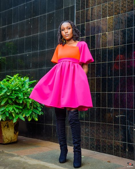 Pink And Orange Dress, Colour Block Dress, Orange Gown, Orange Color Block, Fuschia Dress, Orange Colour, Block Dress, Made In Heaven, Colorblock Dress