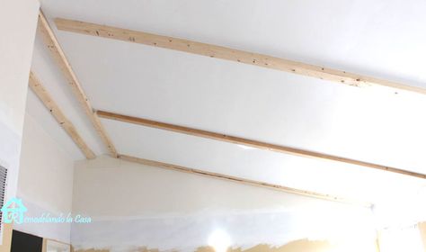 How to install faux wooden beams on slanted ceiling Faux Wooden Beams, Angled Ceiling, White Beams, Slanted Ceiling, Faux Wood Beams, Faux Beams, Faux Shiplap, Pergola Attached To House, Ceiling Treatments