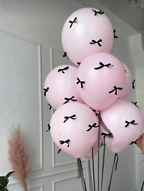 95pcs/Set Pink Latex Balloons With Black Bows, 10 Inch Balloons For Valentine's Day Photo Props, Birthday Party Decorations, Suitable For Valentine's Day, Family Birthdays, And Wedding DecorI discovered amazing products on SHEIN.com, come check them out! Bows On Balloons, Pink And Black Decorations Party, Pink And Black Birthday Theme, Valentine Balloon Ideas, Black And Pink Balloons, Bow Themed Party, Valentines Birthday Party Ideas, Galentines Aesthetic, Photo Props Birthday