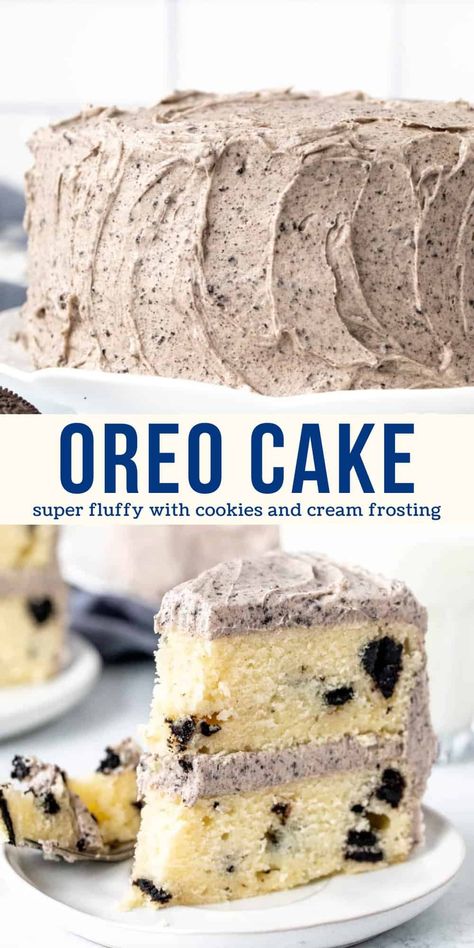 This Oreo cake is fluffy, delicious and perfect for cookies and cream lovers. It has layers of moist vanilla cake with Oreo pieces mixed into the batter. The Oreo frosting is absolutely to die for - super creamy and with the perfect Oreo flavor. This cake is made entirely from scratch and can be made as a 2-layer, 3-layer or 9x13 inch cake. #oreocake #layercake #cookiesandcream #recipe #cookiesandcreamcake from Just So Tasty Cookies N Cream Cake Recipe, Cake For Party, Cookies And Cream Frosting, B Day Cake, Moist Vanilla Cake, Birthday Cake Decorating Ideas, Cookies And Cream Cake, Oreo Recipes, Cake Decorating Ideas