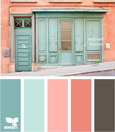 Color Palette | soft, coral and sea foam green    walls the lightest teal with accent pillows and decor. maybe add in yellow and purple too. Green House With Pink Door, Coral Exterior House Colors, Tropical Courtyard, Design Seed, Choosing Paint, Design Seeds, Guest Bedrooms, Colour Schemes, Color Pallets