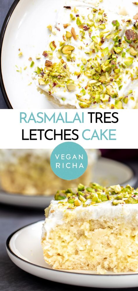 This Vegan Ras Malai Tres Leches Cake is the ultimate make-ahead dessert! A light almond flour sponge soaked in cardamom and saffron-scented nut milk. It only gets better with time, so perfect for holidays, and any occasion that calls for cake. Rasmalai Tres Leches, Ras Malai, Raw Pistachios, Vegan Richa, Grain Free Desserts, Leches Cake, Plant Based Desserts, Milk It, Make Ahead Desserts