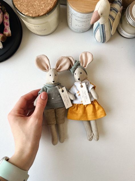 Mouse Doll Bunny Rabbit Doll Baby Girl Toy Stuffed Animal - Etsy Ukraine Handmade Toys Diy, Animal Stuffies, Baby Girl Toy, Sewn Toys, Maileg Mice, Sewing Soft Toys, Cute Mice, Autumn Birthday, Fabric Art Doll