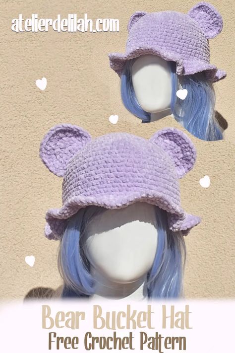 How To Crochet A Cozy Bear Bucket Hat For Your Kids - Atelier Delilah Fluffy Crochet Hat Pattern, Easy Free Pattern Crochet, Bear Ear Crochet Hat, Crochet Bear Bucket Hat Free Pattern, Crochet Build A Bear Accessories, Animal Hat Crochet Pattern Free, Crochet Patterns Kawaii, Crochet Cute Hats Free Pattern, Crochet Cow Bucket Hat Free Pattern