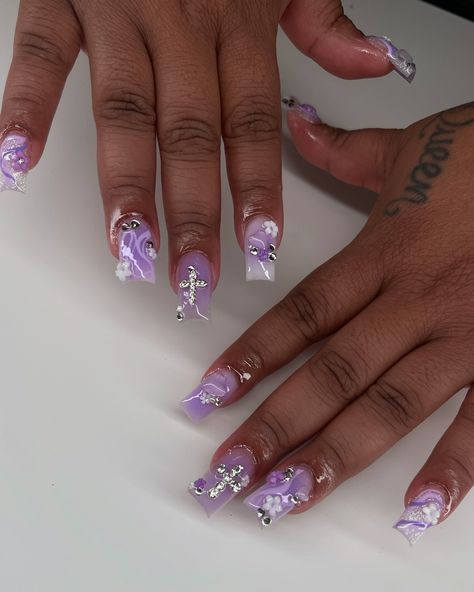 LAVENDER 💜💐 • • • #nailtech #nailartistry #nailsnailsnails #naildesign #naildesign #nailpolish #nailfashion #nailideas #nailinstagram #nailsalon #nailstyle #longnails #nailpro #memphisnails #acrylicnails #almondnails #squarenails #nails #celebritynailartist #901nails #nailporn #deenailssss #nailgirl #girlynails #almondnails #taperedsquare #curvednails Lavender Colored Nails, Medium Length Purple Nails, Purple Nails Medium, Purple Nails With Charms, Purple Gel X Nails, Purple Nail Inspo Acrylic, Lavender Nails With Design, Purple Nail Set, Purple Birthday Nails