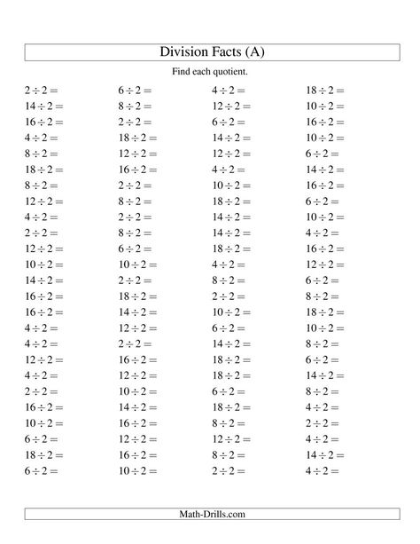 The Dividing by 2 with Quotients from 1 to 9 (A) Math Worksheet from the Division Worksheets Page at Math-Drills.com. Math Division Worksheets, Summer Worksheets, Math Drills, 3rd Grade Math Worksheets, Division Worksheets, Maths Solutions, 100 Questions, Subtraction Worksheets, Math Help