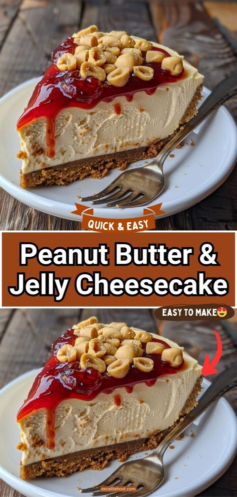 Peanut Butter & Jelly Cheesecake Peanut Butter Jelly Cheesecake, Peanut Butter And Jelly Cheesecake, Jelly Cheesecake, Homemade Cheesecake, Peanut Butter Cheesecake, Recipe Dessert, Peanut Butter And Jelly, Easy Cheesecake, Cheesecake Desserts