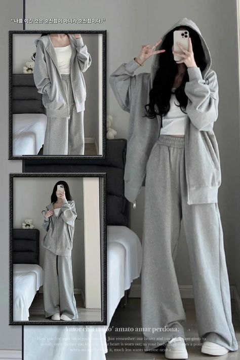 60 Kg Woman Outfits, Lazy Korean Outfits, Korean Sweatpants Outfit, Lazy Outfits Aesthetic, Outfits With Hoodies, Aesthetic Comfy Outfits, Down Jacket Outfit, Comfortable Outfits Lazy Days, Korean Sweatpants