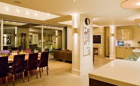 Kitchen Diner Designs, Interior Pillars, Kitchen Pillar, Kitchen Diner Extension, Open Plan Kitchen Dining Living, Kitchen Lighting Design, Open Plan Kitchen Diner, Open Plan Kitchen Dining, House Extension Design