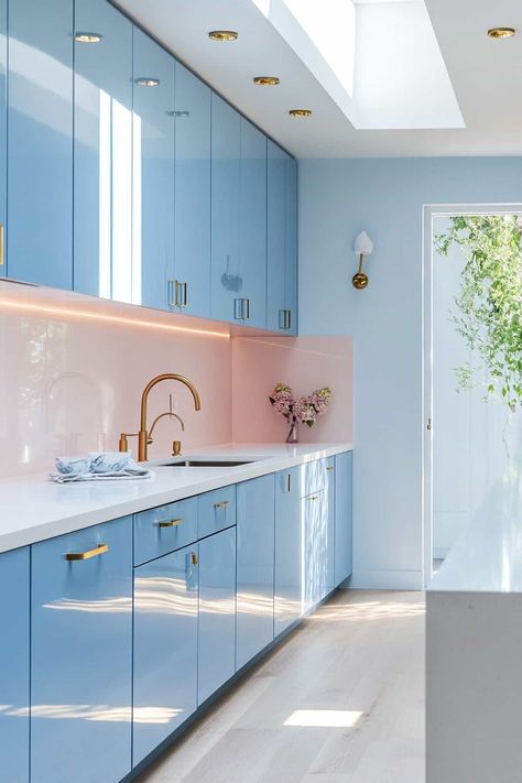 Pastel Blue Kitchen, Pastel Kitchen Ideas, Sky Blue Kitchen, Lilac Kitchen, Pink Kitchen Cabinets, Goth Kitchen, White Oak Kitchen, Pastel Kitchen, Purple Kitchen