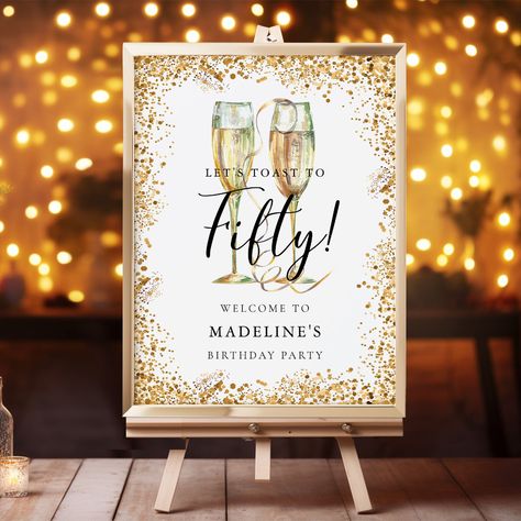 Party Welcome Sign, Golden Jubilee, Modern Script Font, Birthday Party Celebration, Welcome Poster, Adult Birthday Party, Golden Glitter, 50th Birthday Party, Birthday Backdrop