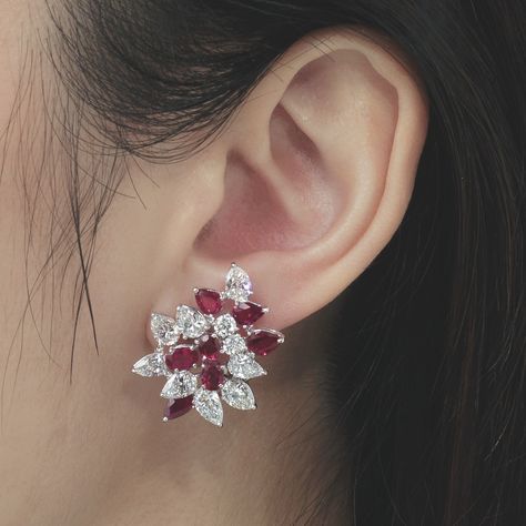 DIAMOND AND RUBY EARRINGS, HARRY WINSTON Real Diamond Earrings, April Birthstone Jewelry, Floral Studs, Harry Winston, Flower Stud Earrings, Luxury Women Fashion, Party Earrings, Flower Stud, Ruby Earrings