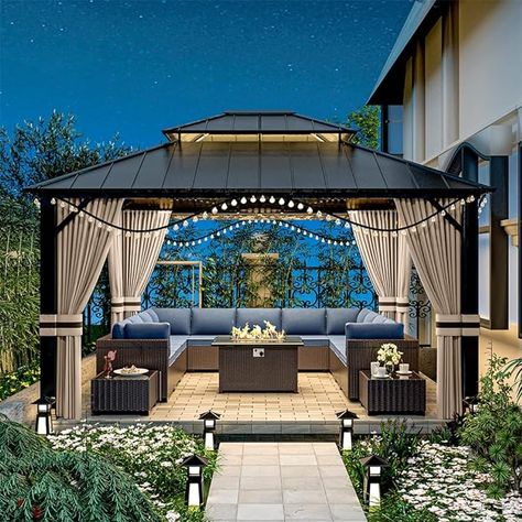 Amazon.com : RTDTD 12’x14’ Hardtop Gazebo Outdoor Aluminum Frame Permanent Gazebo Galvanized Steel Double Roof Gazebo with Nettings and Curtains for Patio, Lawns,Backyard, Deck(Brown) : Patio, Lawn & Garden Curtains For Patio, Permanent Gazebo, Gazebo On Deck, Steel Gazebo, Modern Gazebo, Gazebo Roof, Grill Gazebo, Hardtop Gazebo, Backyard Gazebo