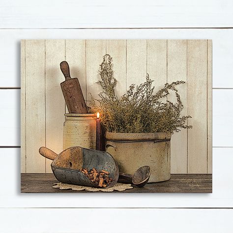 Rustic Country Kitchen, Rustic Primitive Decor, Antique Crocks, Rustic Country Kitchens, Above Kitchen Cabinets, Wine Wall Art, Vintage Farmhouse Kitchen, Primitive Kitchen, Country Cooking