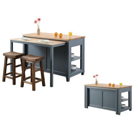 Kitchen Island With Retractable Table, Movable Island With Seating, Island Table Design, Slide Out Table, Gray Kitchen Island, Table Organization, Kitchen Island With Stove, Portable Kitchen Island, Unique Kitchen Design