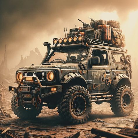 A 4x4 vehicle design for zombie apocalypse #zombieapocalypse #jimny #ai Zombie Apocalypse Vehicle, Off Road Cars, Jimny Wallpaper, Suzuki Jimny Wallpaper, Zombie Car, Suzuki Jimny Modified, Zombie Apocalypse Car, Suzuki Jimny Off Road, Sci Fi Offroad Vehicles