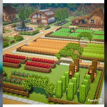 Cute Farms In Minecraft, Minecraft House Oak Wood, Minecraft Large Farm Ideas, Farm Minecraft Ideas Crops, Farm Designs Minecraft, Minecraft Food Farm, Minecraft Farm Decoration, Minecraft Homestead, Wheat Farm Minecraft