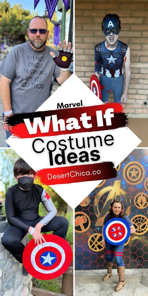 DIY Marvel What If Costumes including tutorials for Captain Carter, Happy Hogan, Bucky Barnes, and Captain America Zombie. Plus more What If costume ideas to inspire you. Theme Costumes | Trendy Costumes | What If Series Marvel Diy Avengers Costume, Funny Superhero Costumes, Trendy Costumes, Diy Superhero Costume, Winter Soldier Costume, Theme Costumes, Wiccan Marvel, Marvel What If, Captain Marvel Costume