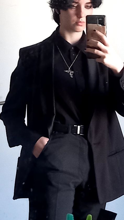 grunge, goth, black, black outfit, aesthetic, suit Emo Prom Suit Men, Emo Suits Men, Grunge Prom Suit, Trans Masc Wedding Outfit, Goth Prom Outfit Men, Black Prom Outfit Men, Emo Formal Outfit, Formal Emo Outfits, Emo Prom Suit