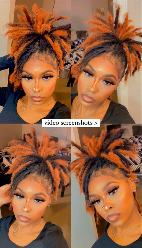 Locs In Pineapple, Loc Styles For Short Hair Dreadlocks Women, Ginger Tips Locs, Multi Color Locs Black Women, Half Dyed Locs Black Women, Pineapple Locs Style, Pineapple Hairstyle Locs, Dreads Color Ideas Locs For Women, Color For Locs