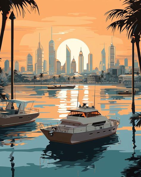 Dubai Dubai Artwork, Dubai Drawing, Dubai Painting, Dubai Illustration, Dubai Landscape, Uae Aesthetic, Building Drawings, Dubai Photography, Dubai Art