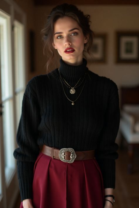 ✨ Elevate your winter wardrobe with this chic and elegant outfit idea! Pair a classic black turtleneck with a vibrant red skirt for a pop of color ❣️ Add a statement belt to cinch in your waist and complete the look with fashion accessories for a touch of glam 💫 Perfect for a stylish indoor portrait, this ensemble will have you looking and feeling fabulous ✨ #FashionInspiration #WinterOutfitIdeas #ChicAndStylish #StatementBelt #FashionAccessories #TurtleneckAndSkirtCombo 💃🏻🖤🔴 Turtleneck Accessories, Turtleneck And Skirt, Indoor Portrait, Western Gothic, Statement Belt, Red Skirt, Chic And Elegant, Clothing Inspiration, Black Turtleneck