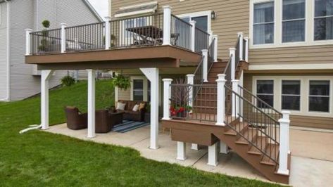 25 Design Ideas For Composite Deck Stairs & Steps Patio Stairs Ideas, Deck Stairs To Patio, Composite Deck Stairs, High Deck, Patio Stairs, Tiered Deck, Open Stairs, Pvc Decking, Composite Decking Boards