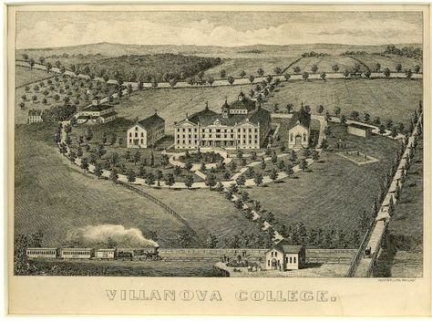 Villanova College in 1879  Prominently displayed is the College Building (in middle) with its newly completed center and west wings. Both the building and its elaborate landscaping faced north toward the railroad station, where most students would have arrived and departed at the time. In the foreground is a train of the Pennsylvania Railroad, successor to the Philadelphia and Columbia Railroad. (Lithograph by Hunter, Philadelphia). College Building, Pennsylvania Railroad, Home Again, The Building, A Train, Paris Skyline, Pennsylvania, Philadelphia, Columbia